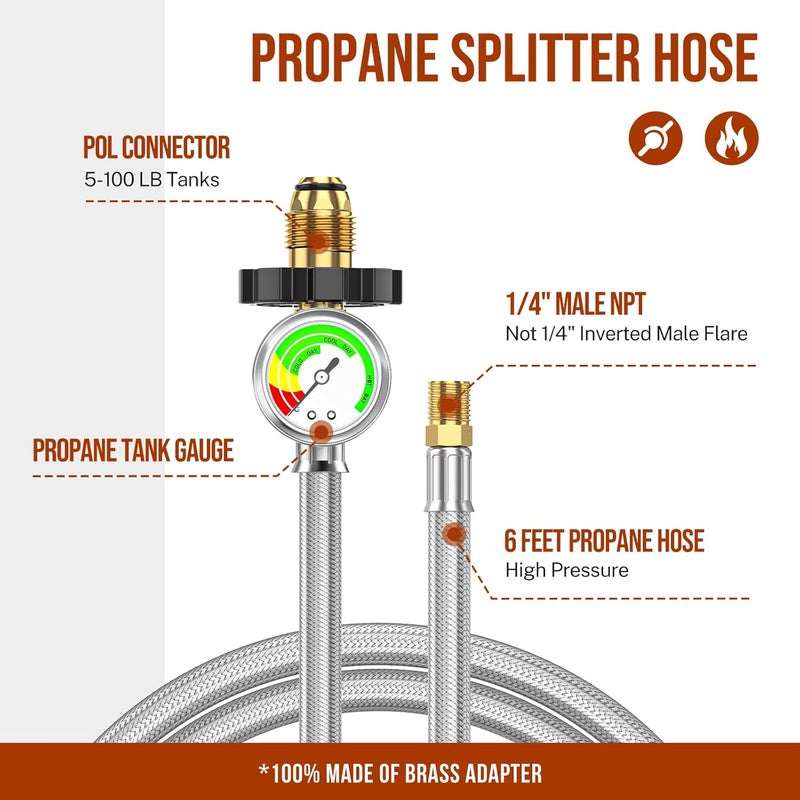 Alloxity 6ft Propane Hose Extension with Gauge, POL x 1/4" Male NPT, Braided Supply Pigtail Hose, for 5-100lb Tank Connection, Extend a Stay RV Propane Kit, Dual Regulator, Camper - Image 2